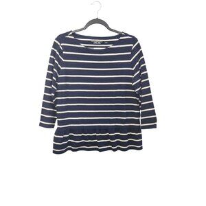 Lands End Womens Navy & White Striped Peplum Hem 3/4 Sleeve Top L 2437